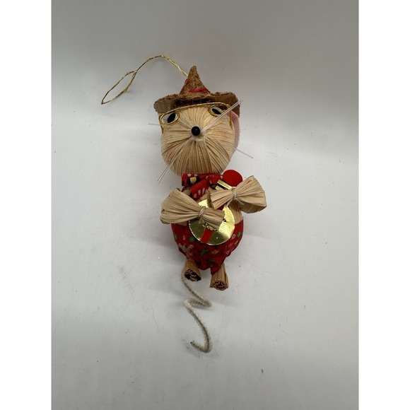 Vintage Corn Husk Mouse Ornament Christmas Folk Art Handmade Hanging Decor - Picture 2 of 5